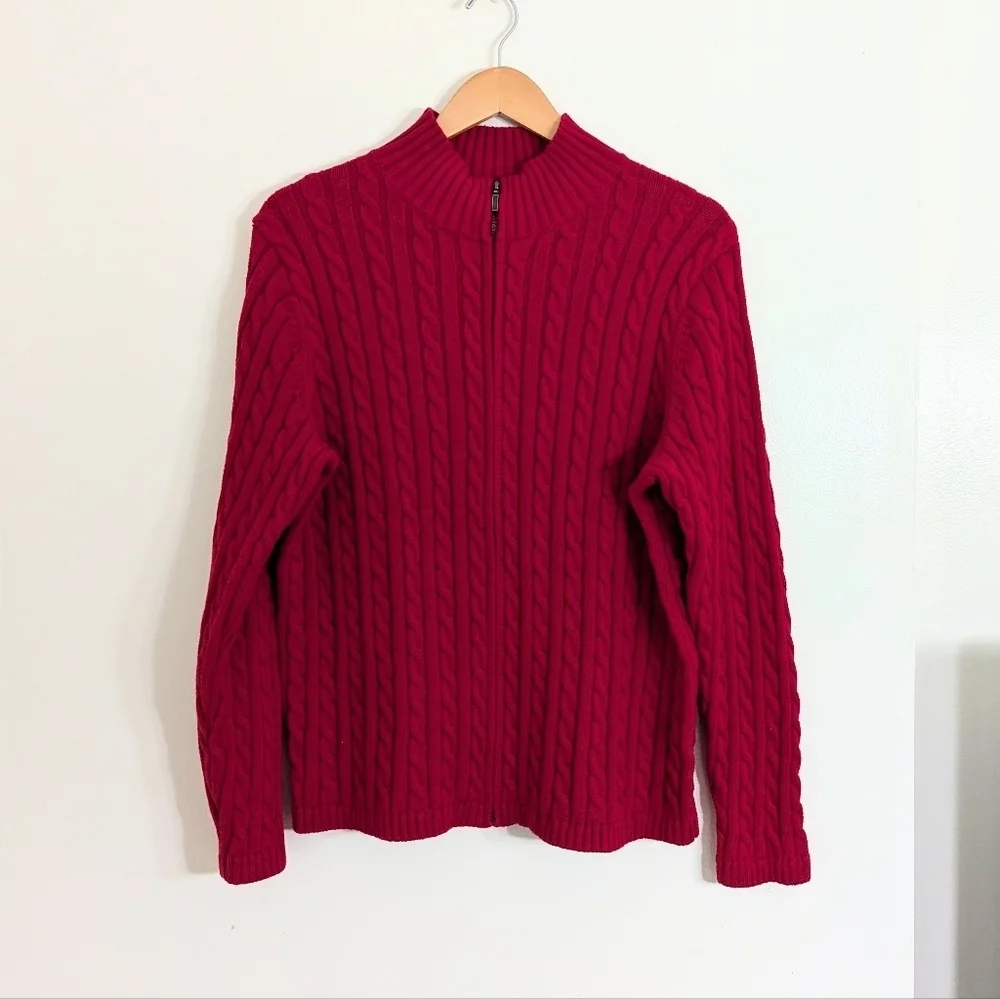 Like New L.L. Bean 100% Cotton‎ Cable Knit Full Zip Sweater Red Color Size 1X
